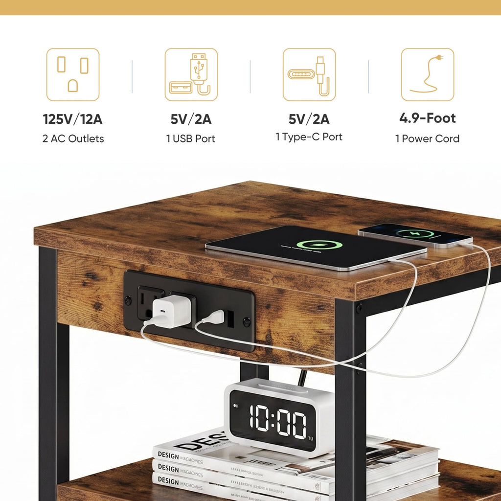 JIOABL 3-Tier Side Table with USB & AC Charging Station, Adjustable Shelves, Multi-Use for Living Room & Bedroom
