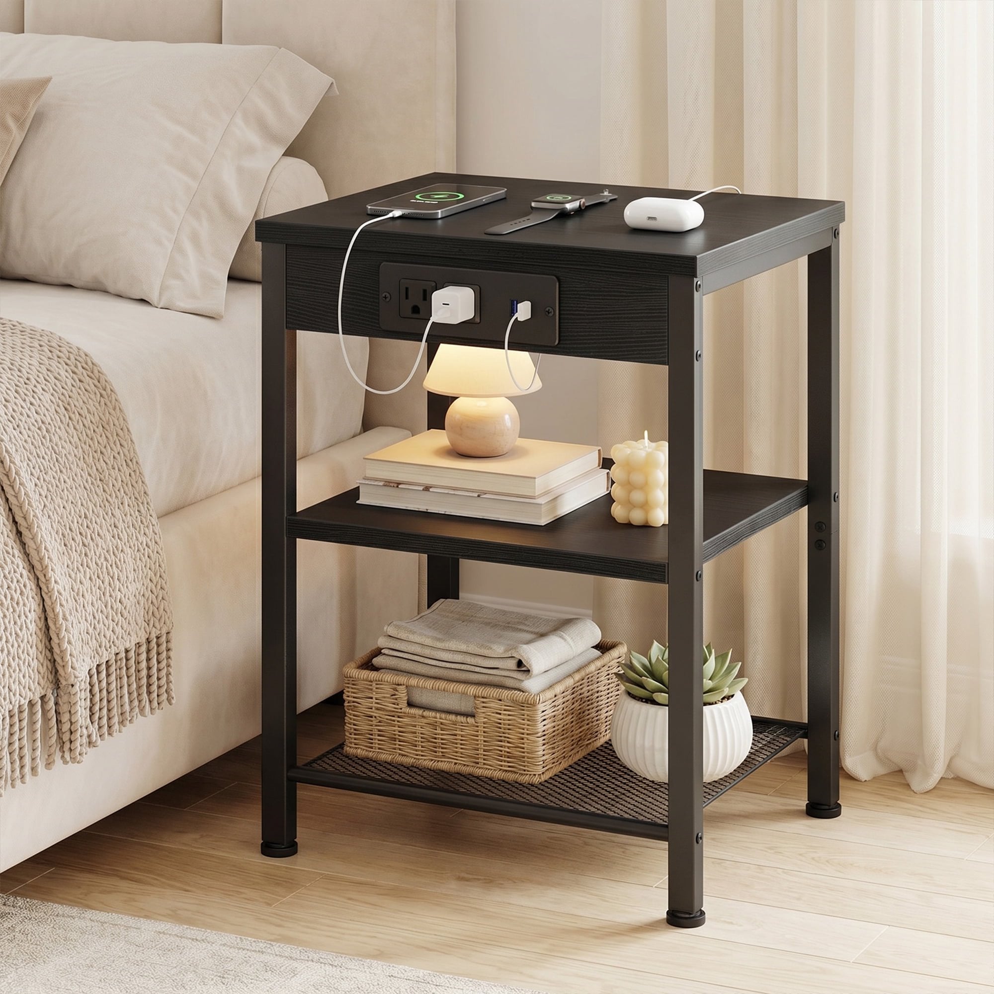 JIOABL 3-Tier Side Table with USB & AC Charging Station, Adjustable Shelves, Multi-Use for Living Room & Bedroom