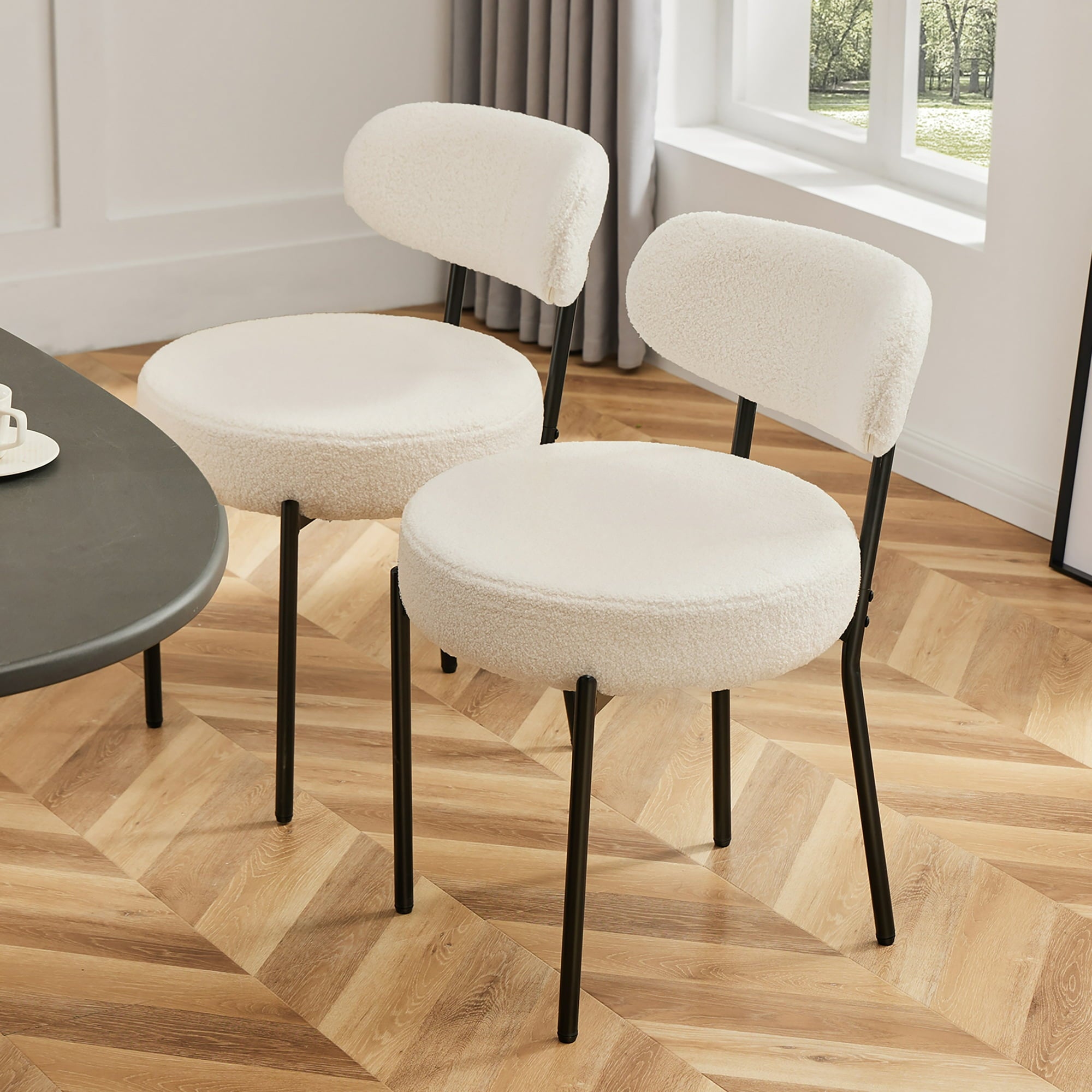 JIOABL Dining Chairs, Boucle Upholstered Kitchen Chairs with Curved Backrest & Metal Legs, Mid Century Modern Round Dining Room Chairs for Vanity, Living Room