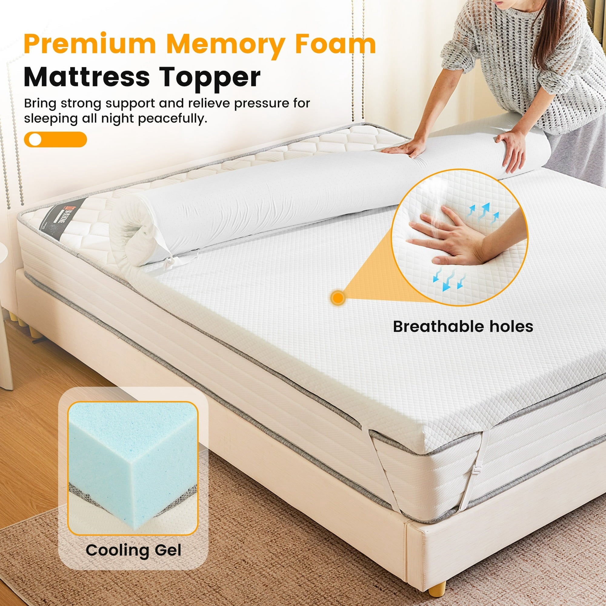 JIOABL Cooling Gel Memory Foam Mattress Topper for Relieve Back Pain, Ventilated Design, CertiPUR-US Certified, Removable Plush Cover