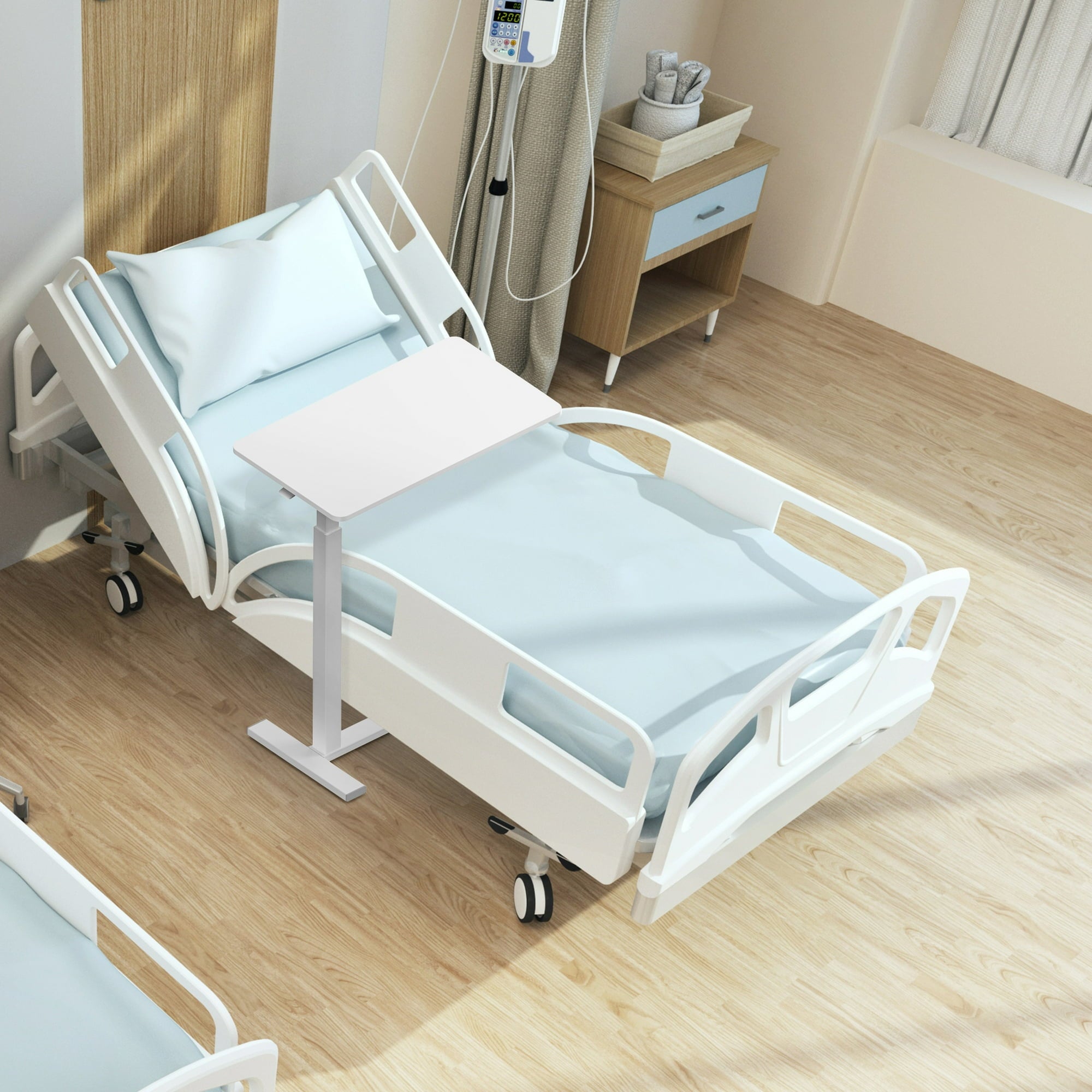 JIOABL Adjustable Overbed Bedside Table with Hidden Wheels for Hospital