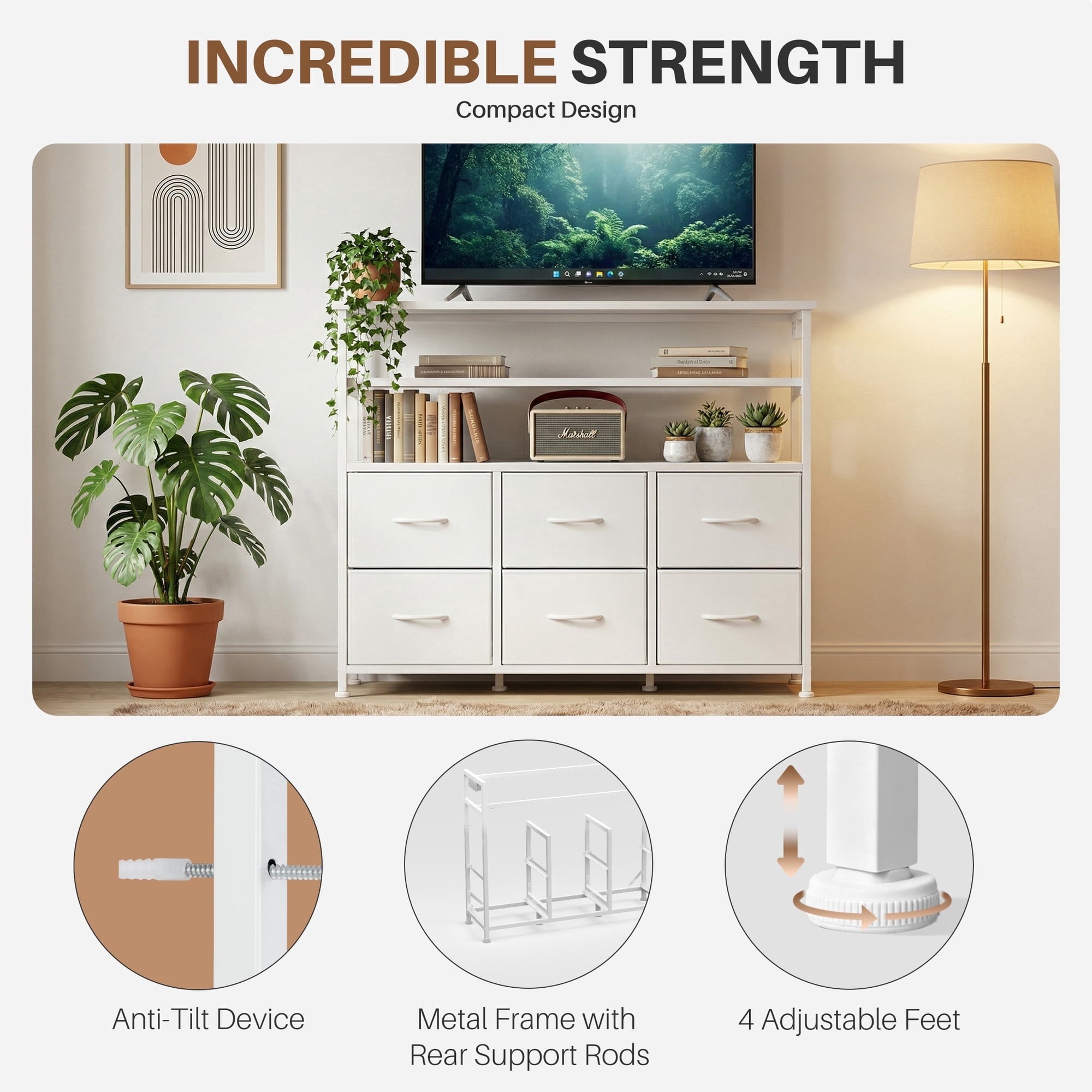 JIOABL TV Stand with  Fabric Drawers & Power Outlet, LED TV Console with USB & Type-C, Storage Dresser for Living Room