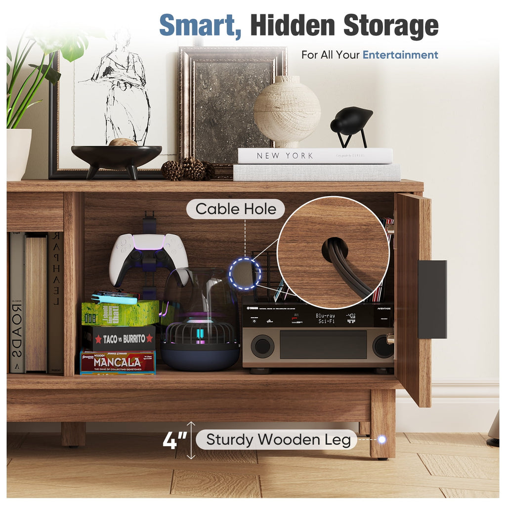 JIOABL Rattan TV Stand, Wood Entertainment Center with Storage Cabinets & Cable Management Hole