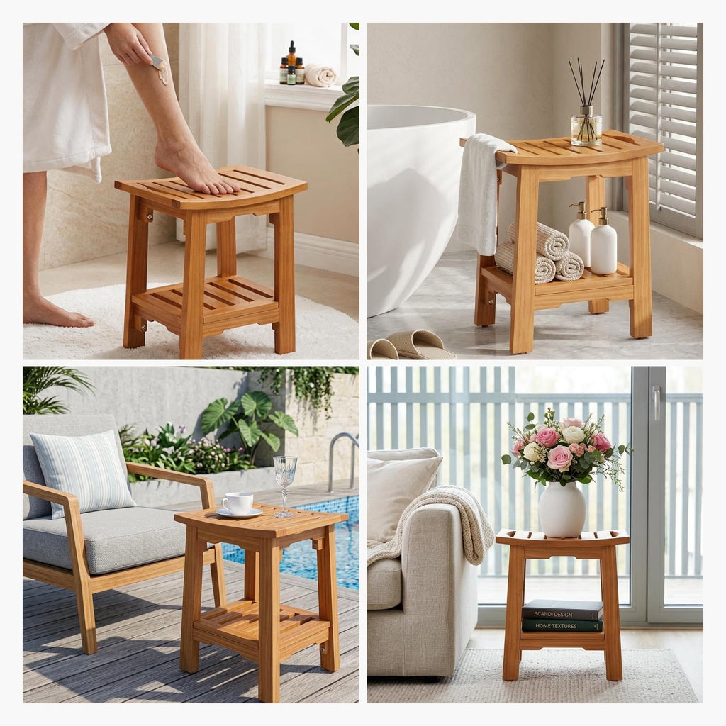 JIOABL Pine Wood Shower Bench, 250lbs Capacity, Waterproof, Non-Slip, Adjustable, for Indoor & Outdoor Use - Natural Finish