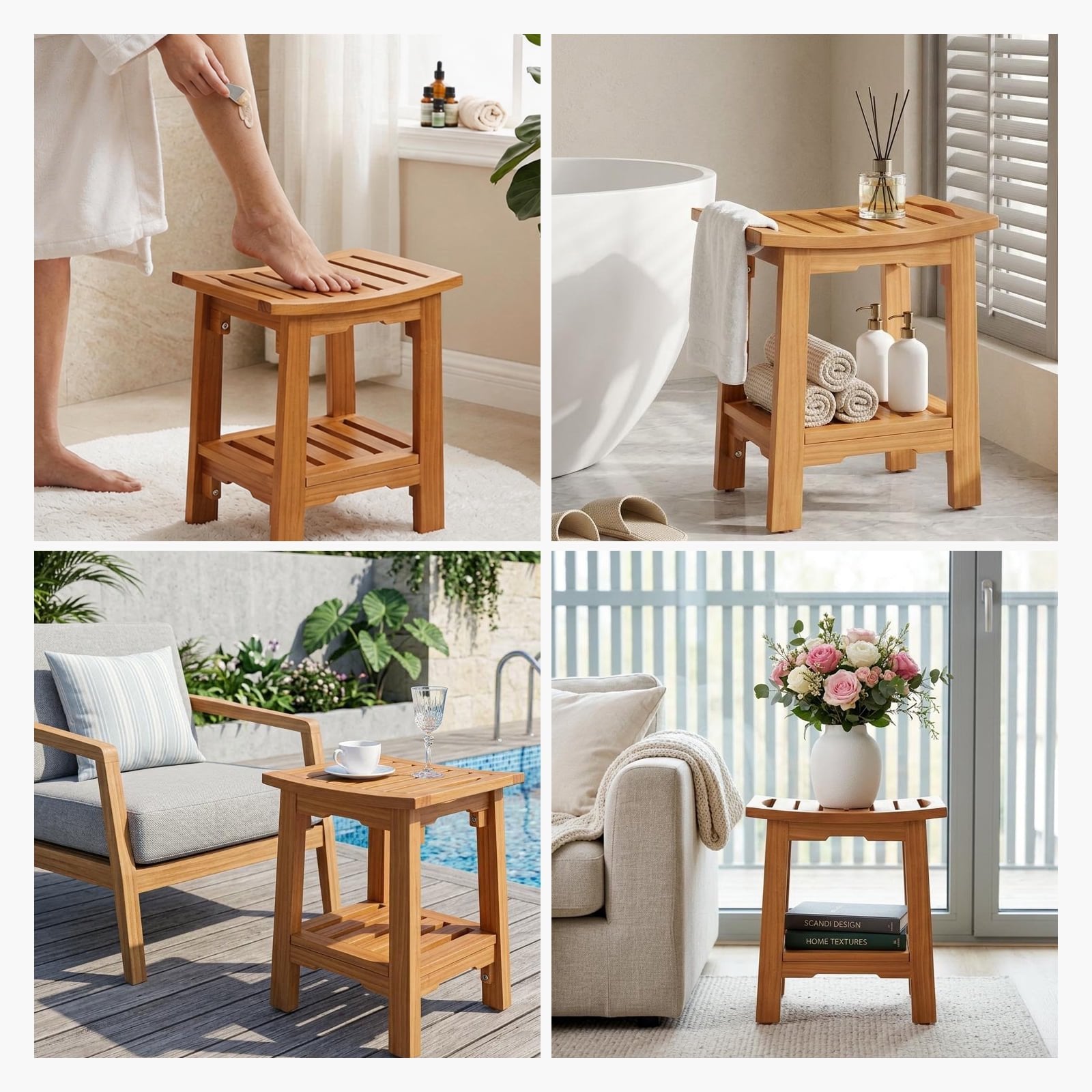 JIOABL Pine Wood Shower Bench, 250lbs Capacity, Waterproof, Non-Slip, Adjustable, for Indoor & Outdoor Use - Natural Finish