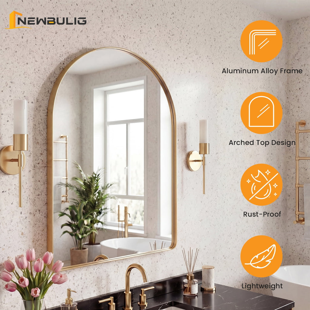 JIOABL Arched-Top Rectangular Wall-Mounted Mirror – Aluminum Frame, HD Tempered Glass, Perfect for Bathroom, Bedroom & Living Room