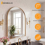 JIOABL Arched-Top Rectangular Wall-Mounted Mirror – Aluminum Frame, HD Tempered Glass, Perfect for Bathroom, Bedroom & Living Room