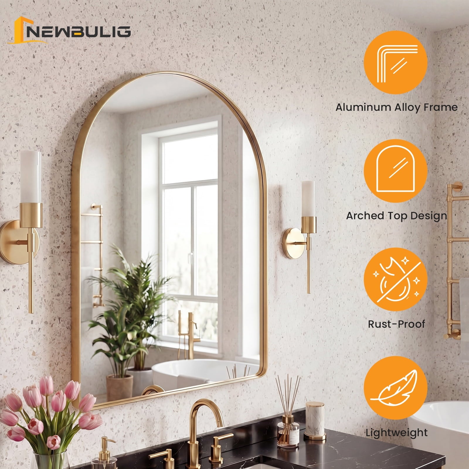 JIOABL Arched-Top Rectangular Wall-Mounted Mirror – Aluminum Frame, HD Tempered Glass, Perfect for Bathroom, Bedroom & Living Room