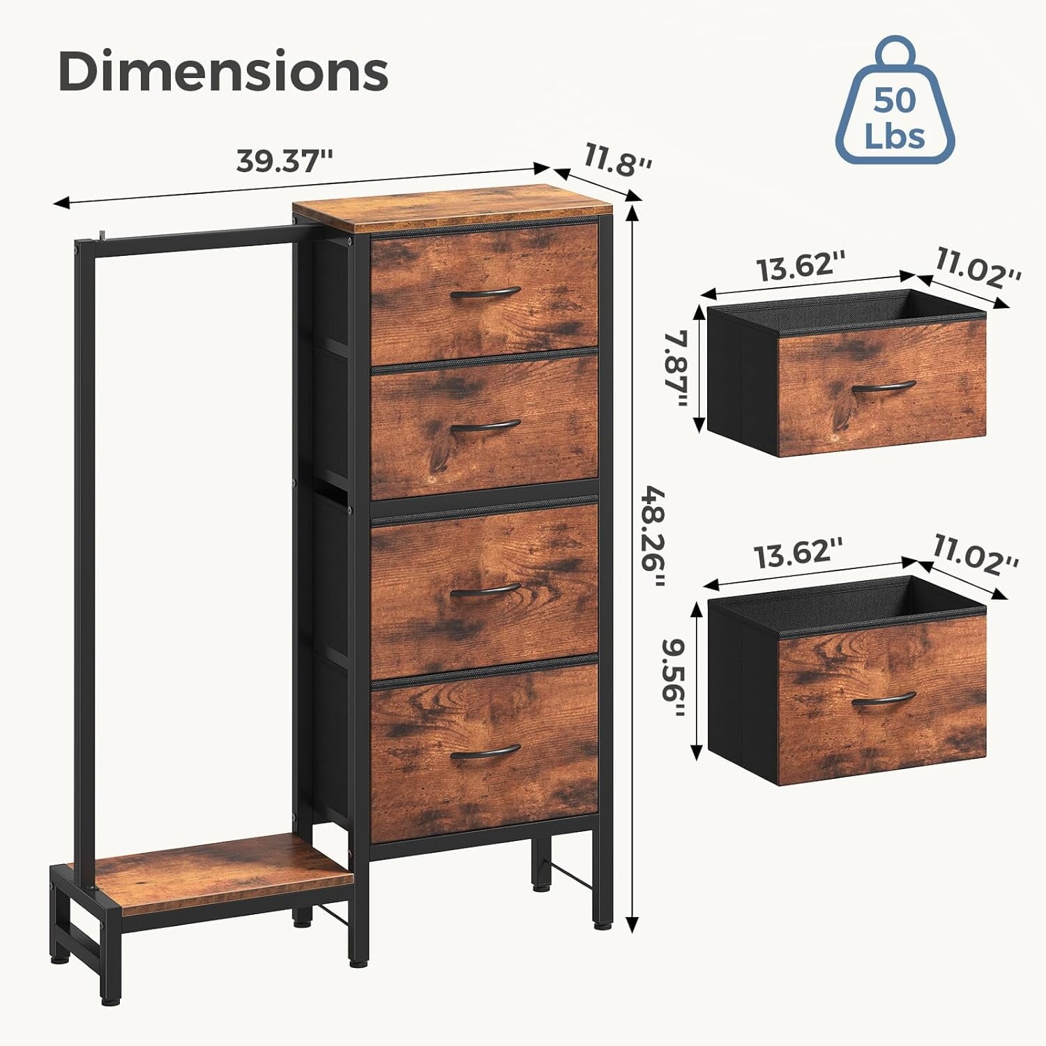 JIOABL 4 Drawer Dresser with Hanging Rack, Steel Frame, Fabric Drawers, Tall Storage Organizer for Bedroom