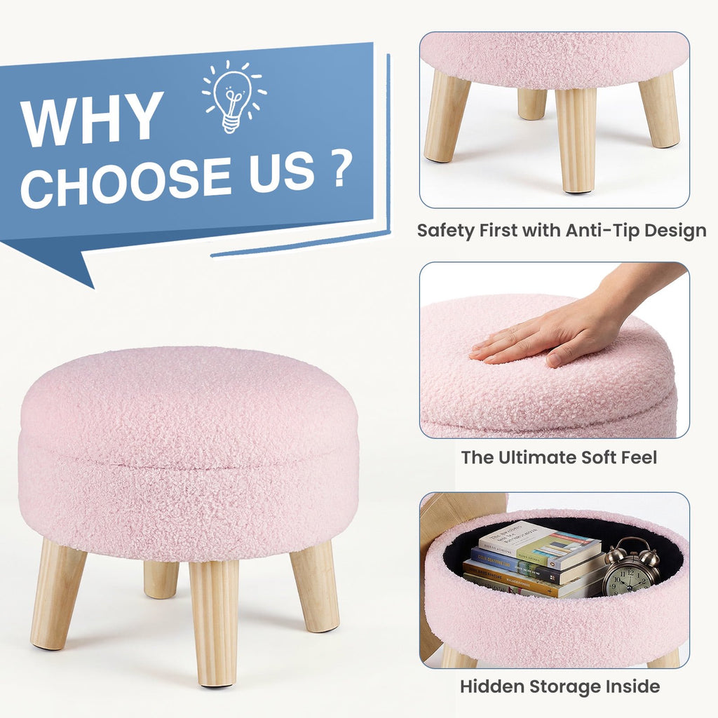 JIOABL Ottoman with Storage, 350lbs Capacity, Soft Teddy Fabric, Round Footrest, Wooden Legs, for Living Room & Bedroom