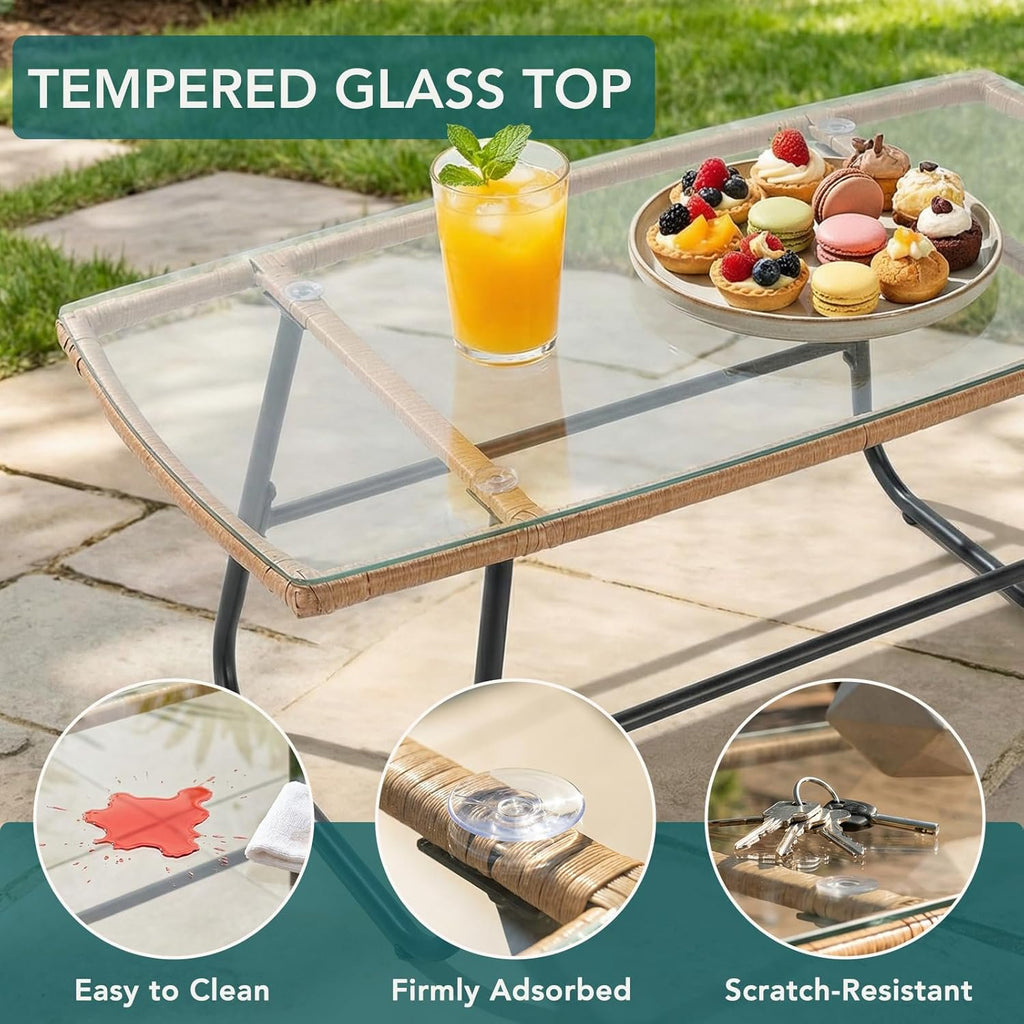 JIOABL Outdoor Bistro Set, Wicker Chairs & Glass Top Table for Patio, Balcony, Porch, Backyard