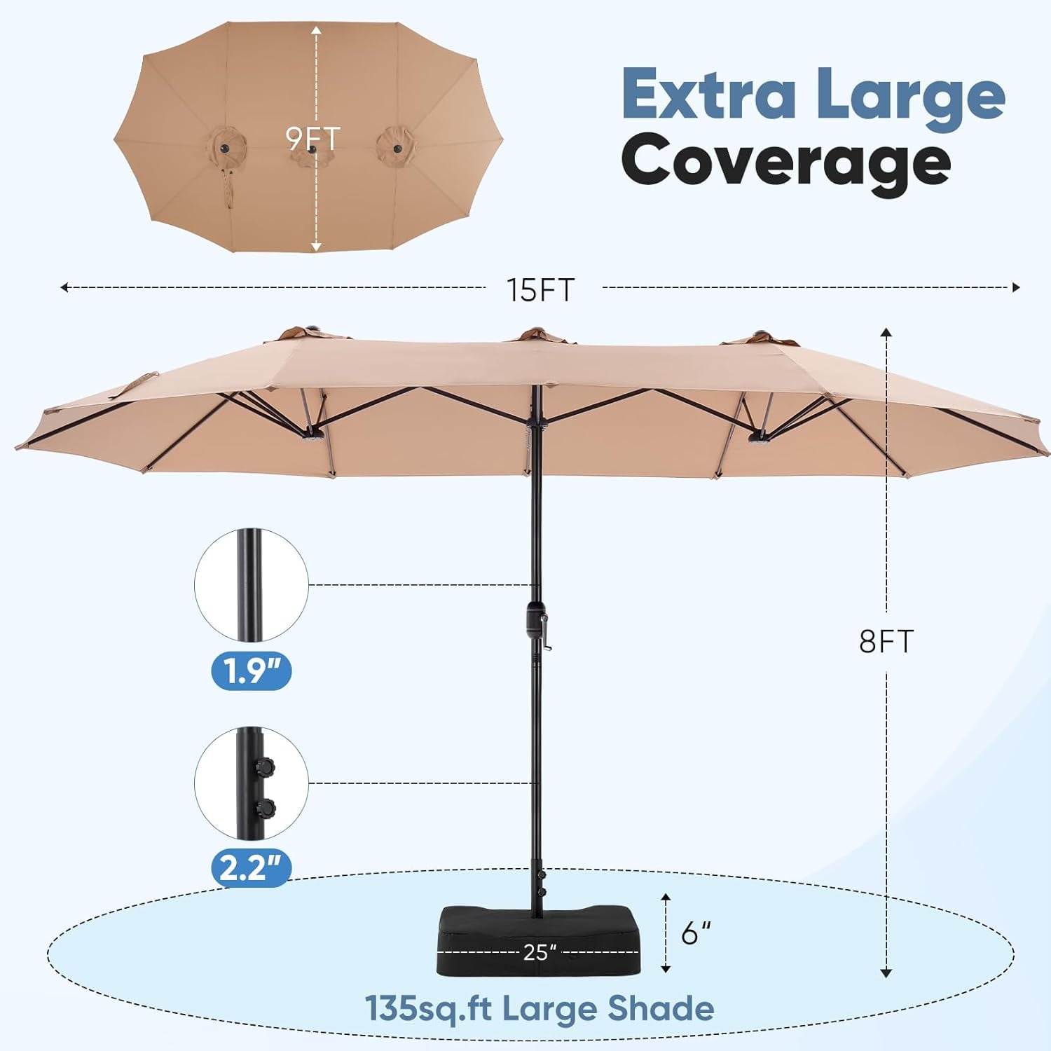 JIOABL 15FT Triple Head Patio Umbrella with Base & Sandbags, Large Outdoor Umbrella with Crank, 12 Ribs, UV-Resistant & Ventilated Canopy