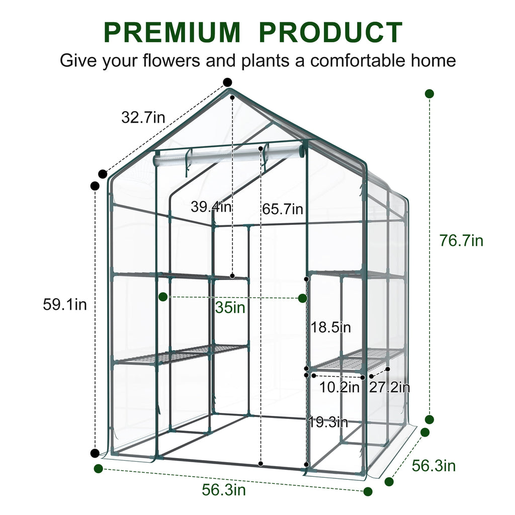 JIOABL 3-Tier Walk-In Greenhouse with PVC Cover, Roll-Up Zipper Door & Side Windows, Steel Frame, Outdoor Plant Greenhouse for Garden, Patio, Glear