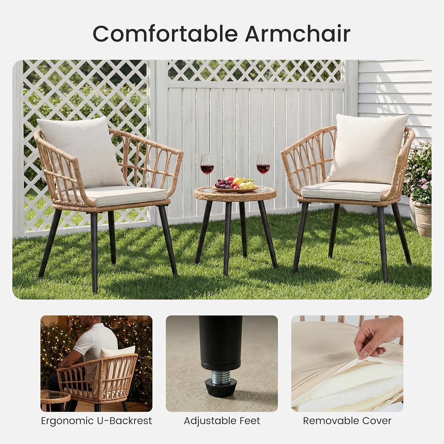 JIOABL Outdoor Bistro Set, Wicker Chairs & Glass Top Table for Patio, Balcony, Porch, Backyard