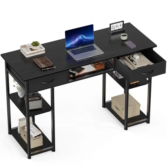 JIOABL Small Desk with 2 Drawers 32 Inch Bedroom Kids Student Vanity Home Office Computer PC Table with Fabric Storage Bag, Study Writing Wood Deskboard for Small Spaces,White