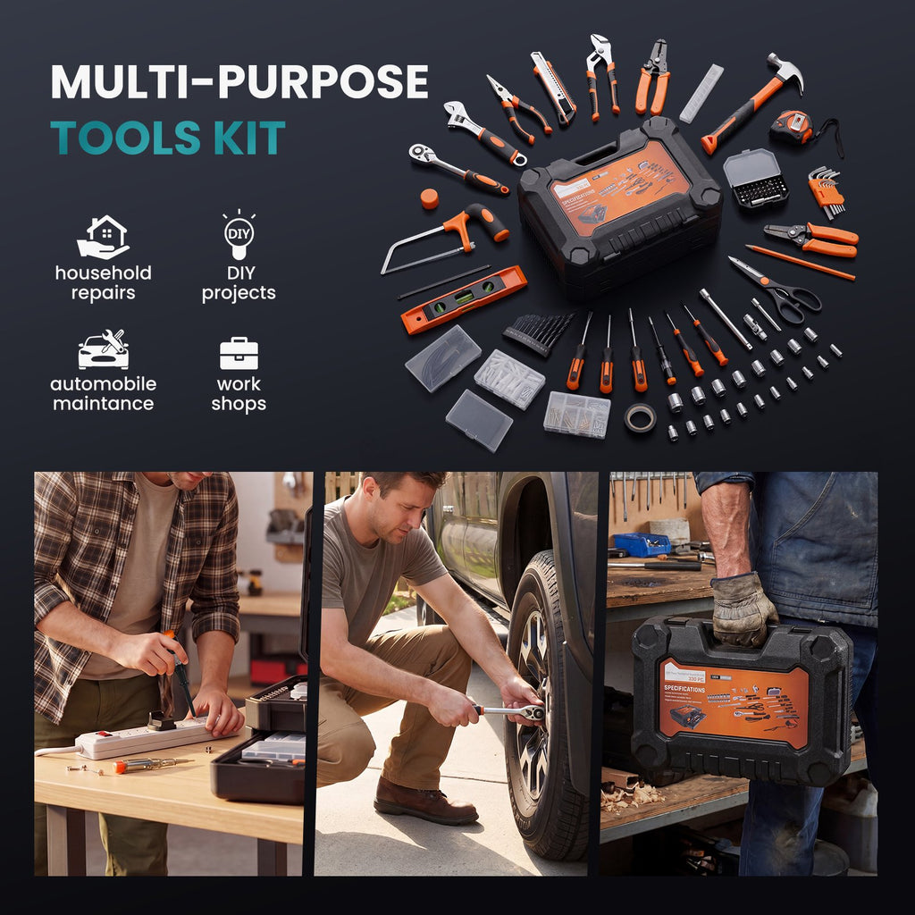 JIOABL 330-Piece Home Repair Tool Kit with Pull-Out Drawer, Carbon Steel Tool Box Set for DIY Projects, Home Maintenance and Auto Repair