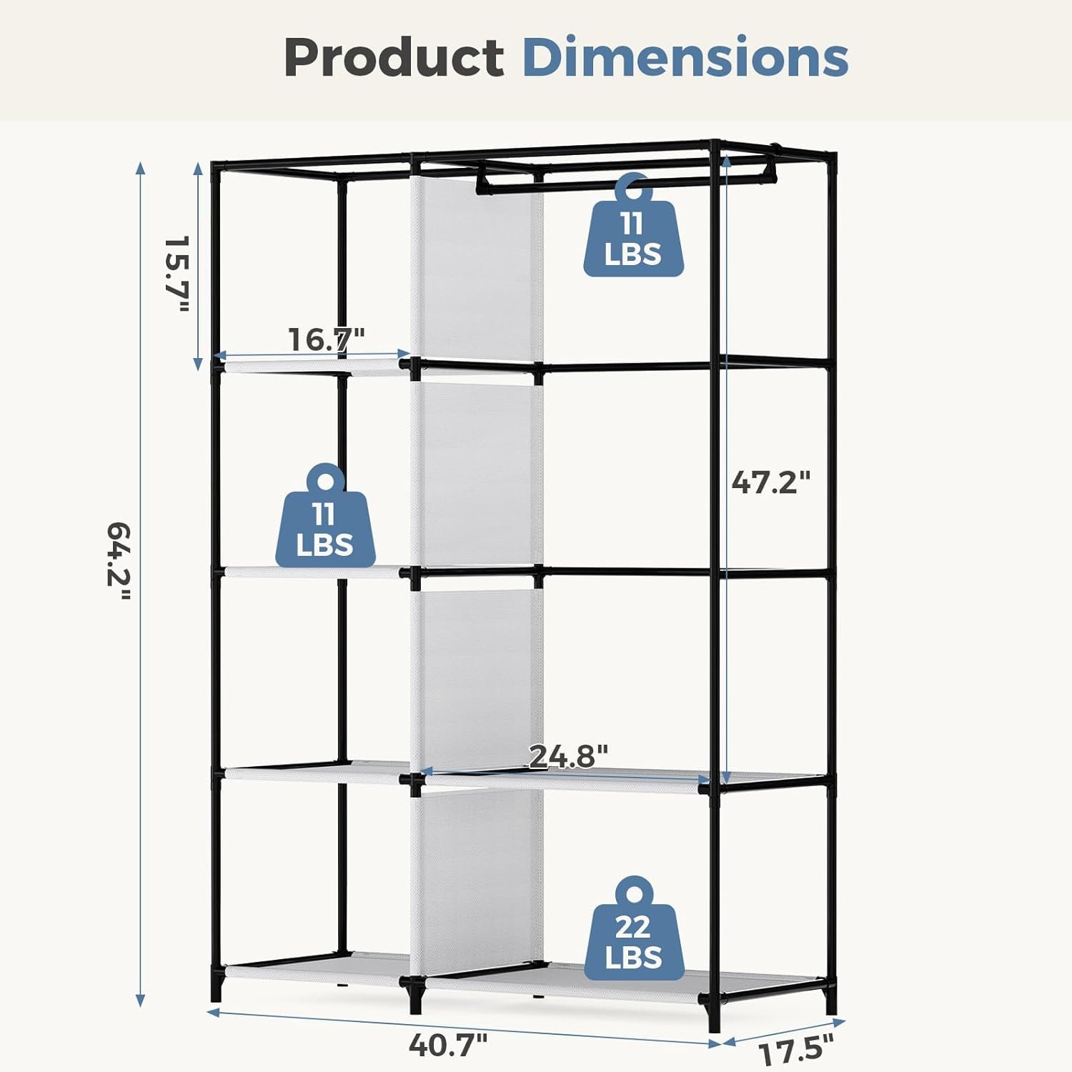 JIOABL Portable Clothes Rack with Shelves, Freestanding Closet Organizer with Hanging Rods for Bedroom, Entryway
