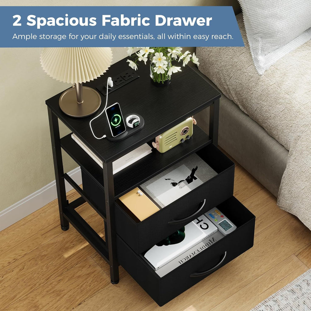 JIOABL Nightstand with USB & Type-C Charging, Fabric Drawers, Metal Frame