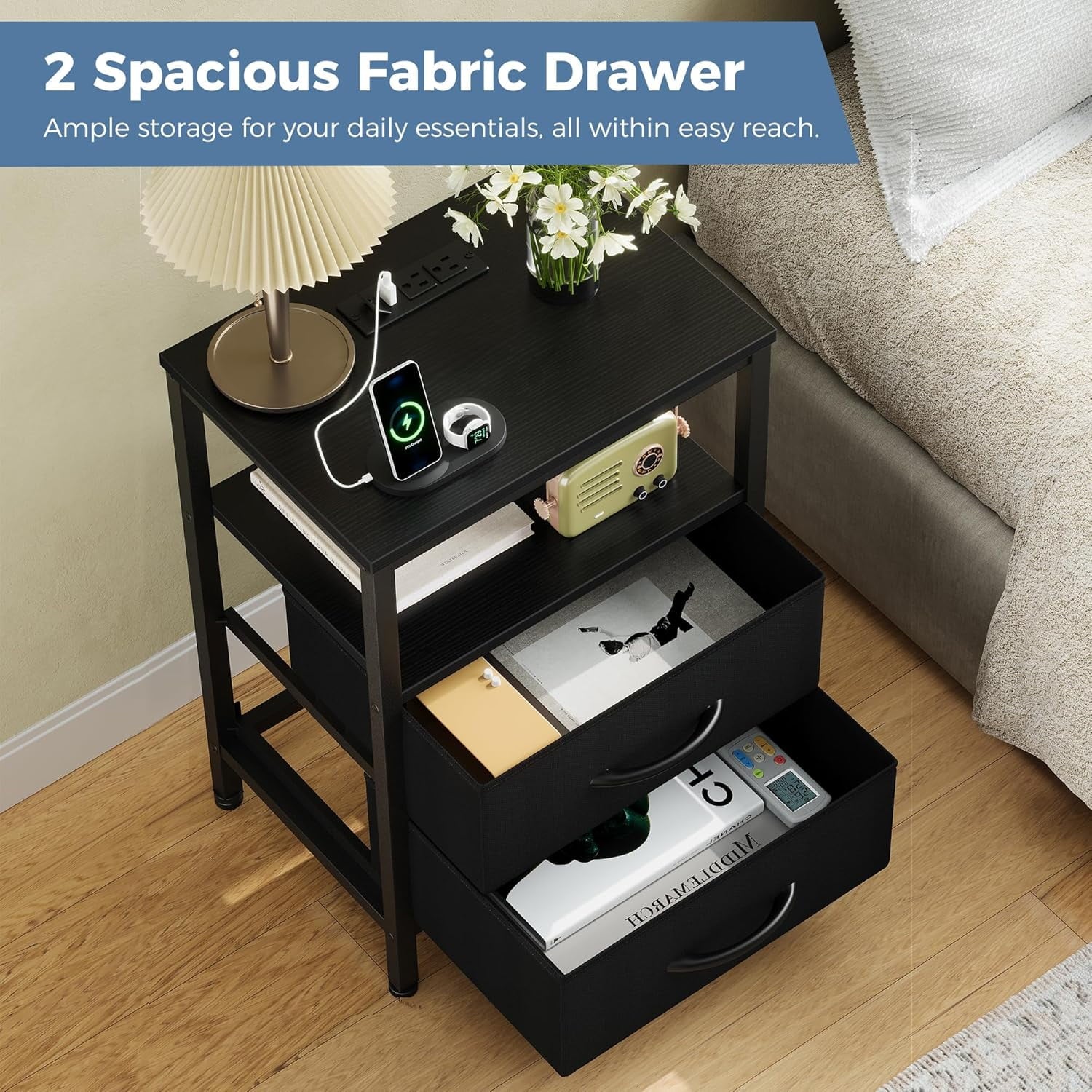 JIOABL Nightstand with USB & Type-C Charging, Fabric Drawers, Metal Frame