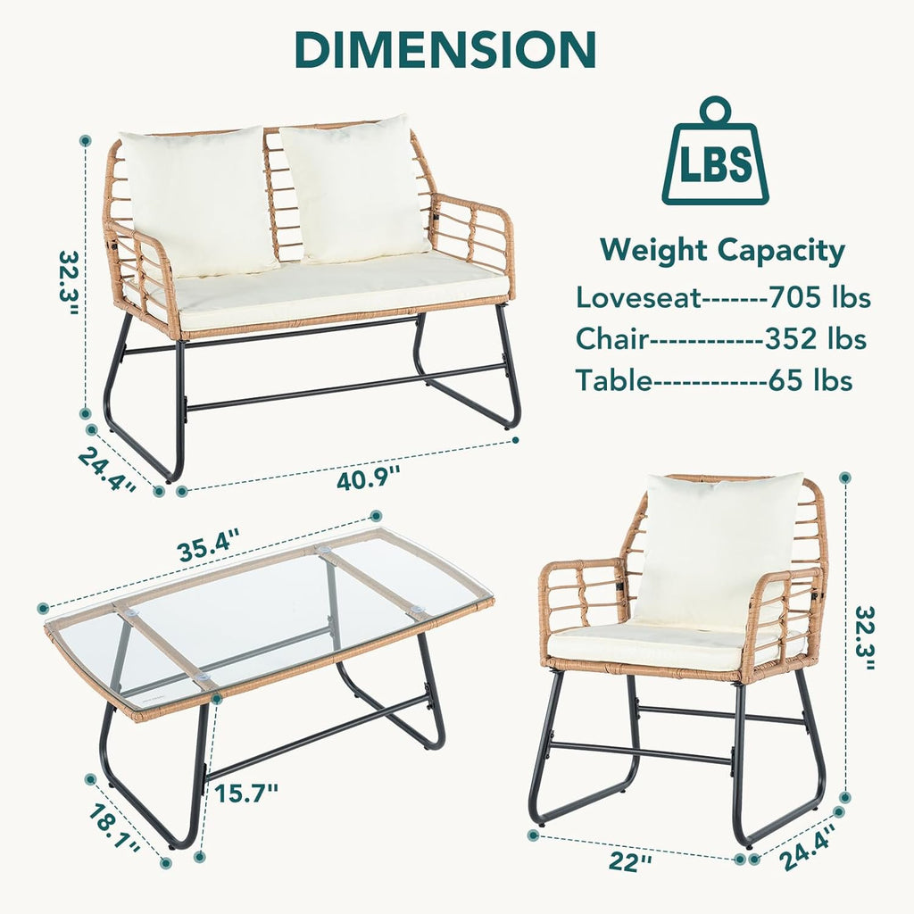 JIOABL Outdoor Bistro Set, Wicker Chairs & Glass Top Table for Patio, Balcony, Porch, Backyard