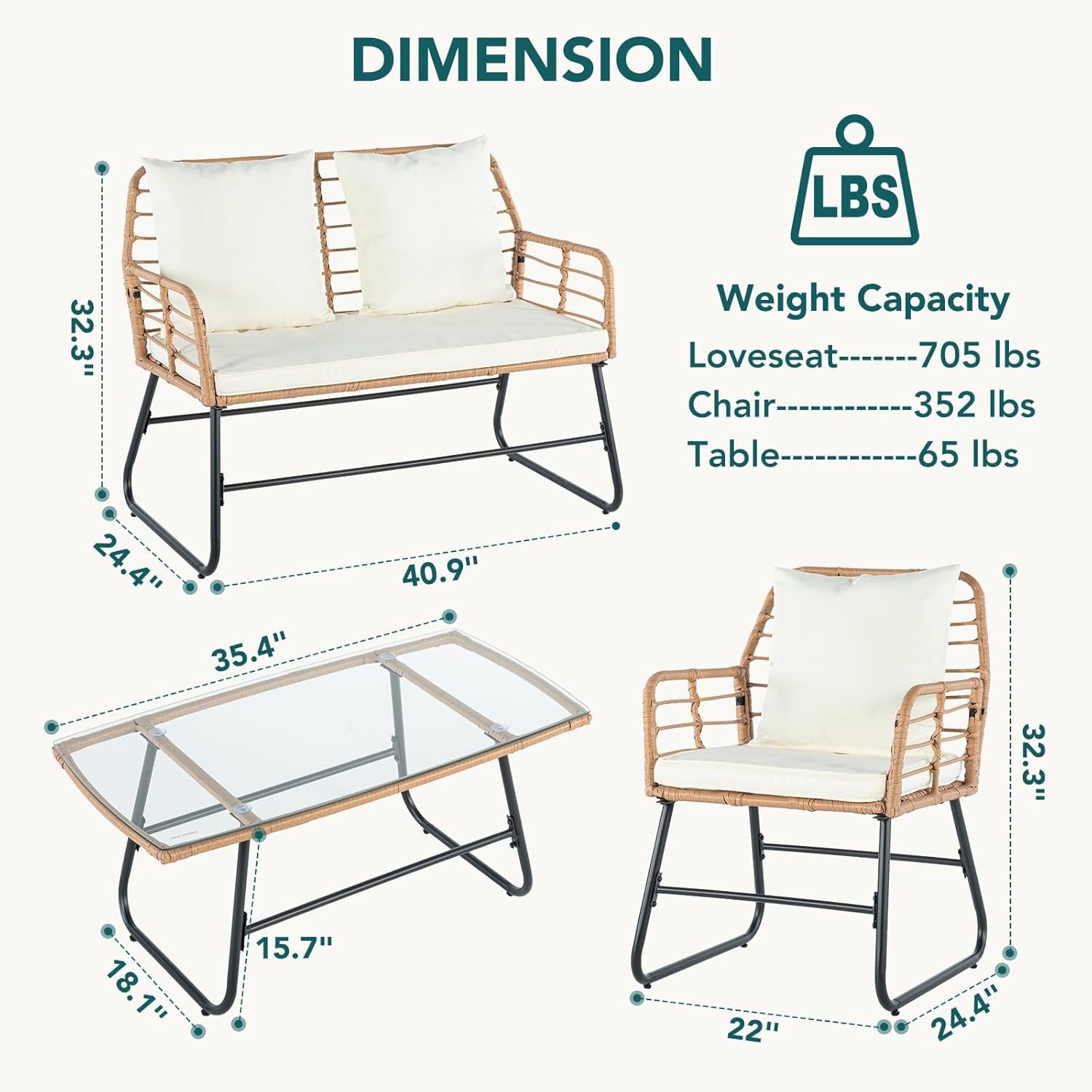 JIOABL Outdoor Bistro Set, Wicker Chairs & Glass Top Table for Patio, Balcony, Porch, Backyard