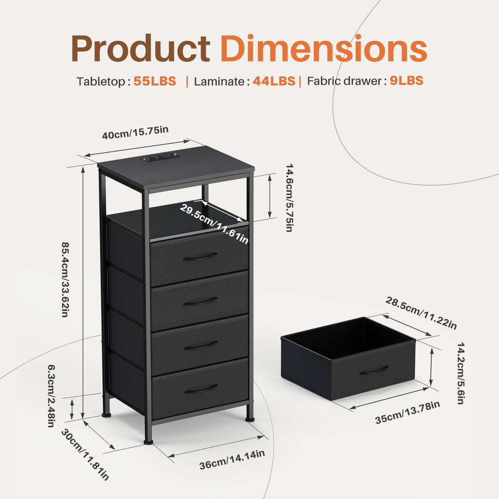 JIOABL Nightstand with USB & Type-C Charging, Fabric Drawers, Metal Frame