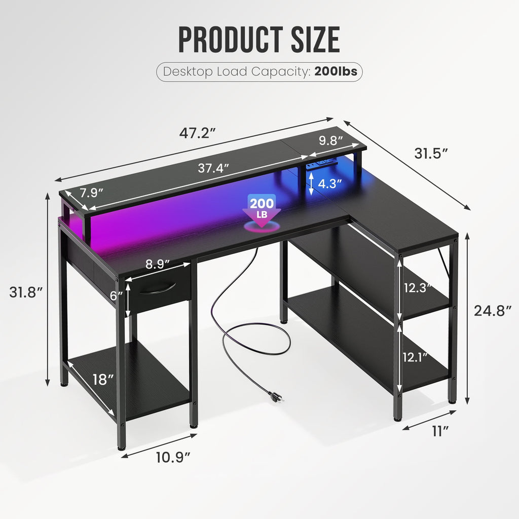 JIOABL L Shaped Computer Gaming Desk with USB Charging Ports & LED Lights, Reversible Corner Table with Power Outlets Monitor Stand for Home Office