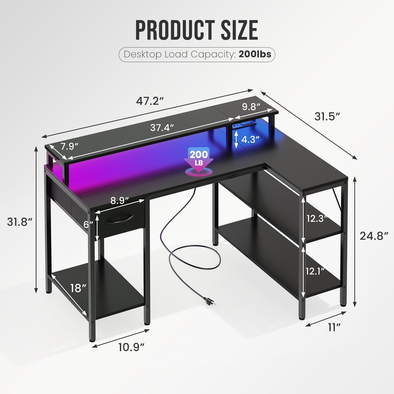 JIOABL L Shaped Computer Gaming Desk with USB Charging Ports & LED Lights, Reversible Corner Table with Power Outlets Monitor Stand for Home Office