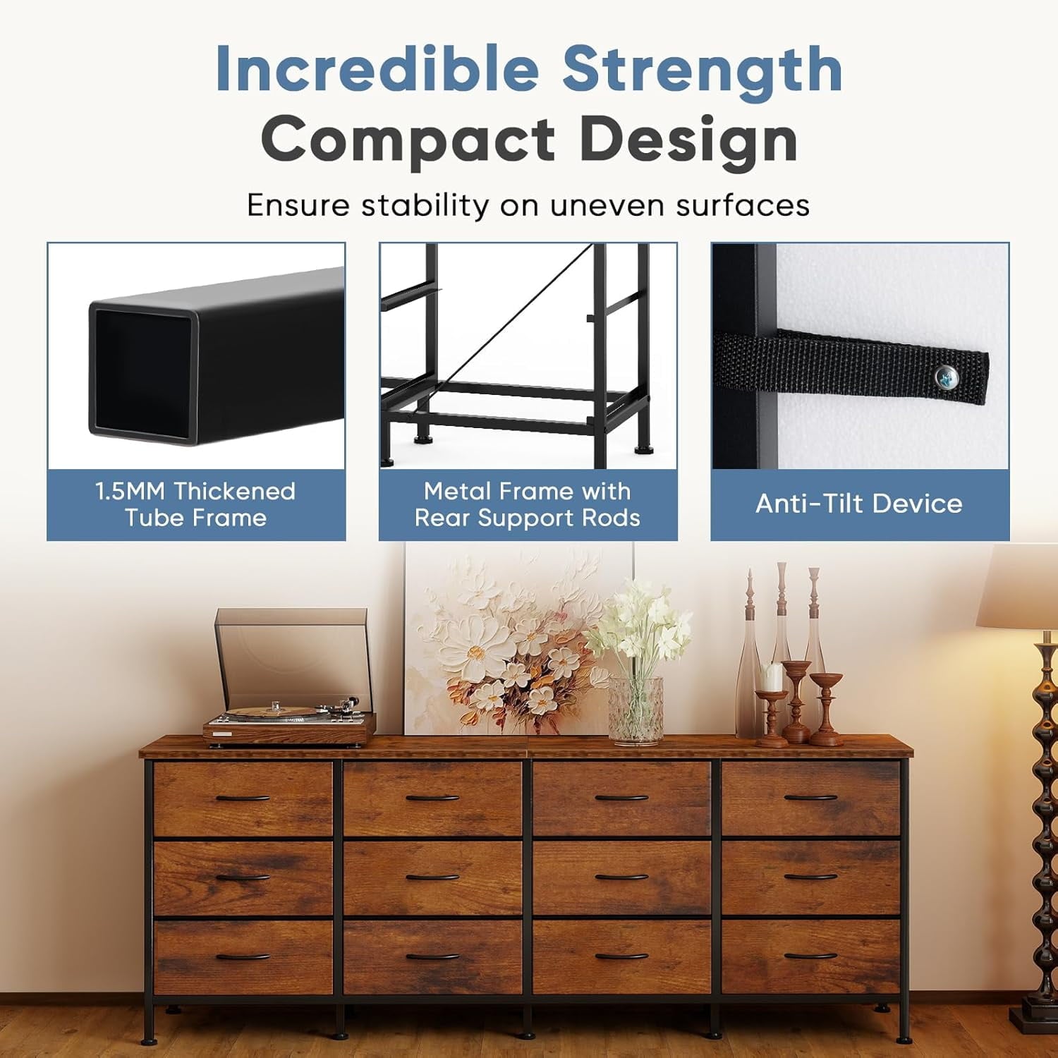 JIOABL TV Stand with 12 Fabric Drawers, Metal Frame Storage Stand with Adjustable feet and Anti-Tip