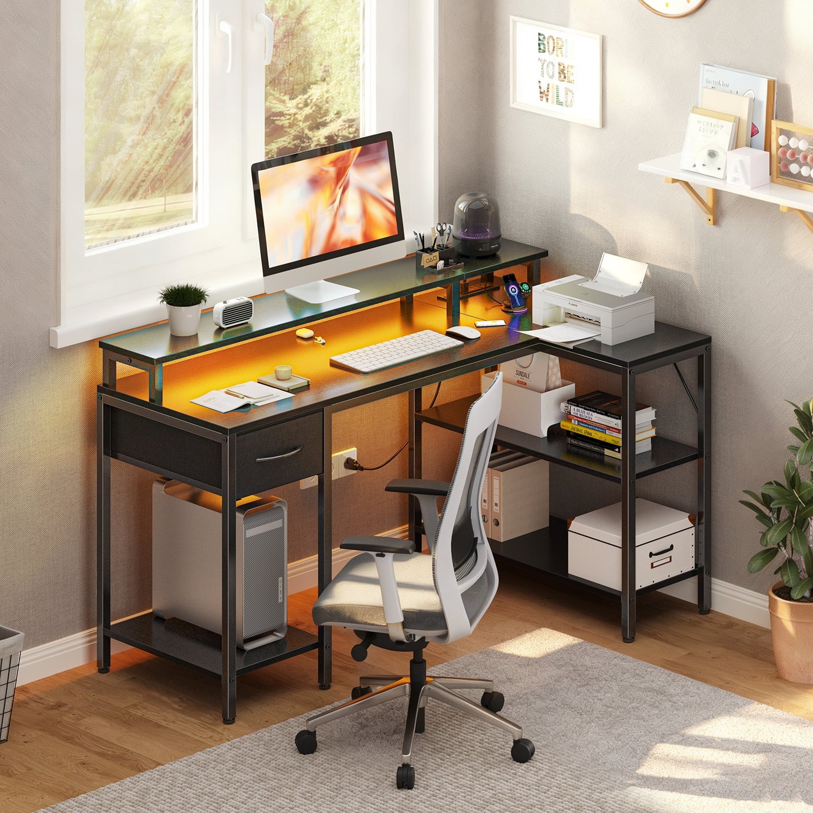 JIOABL L Shaped Computer Gaming Desk with USB Charging Ports & LED Lights, Reversible Corner Table with Power Outlets Monitor Stand for Home Office