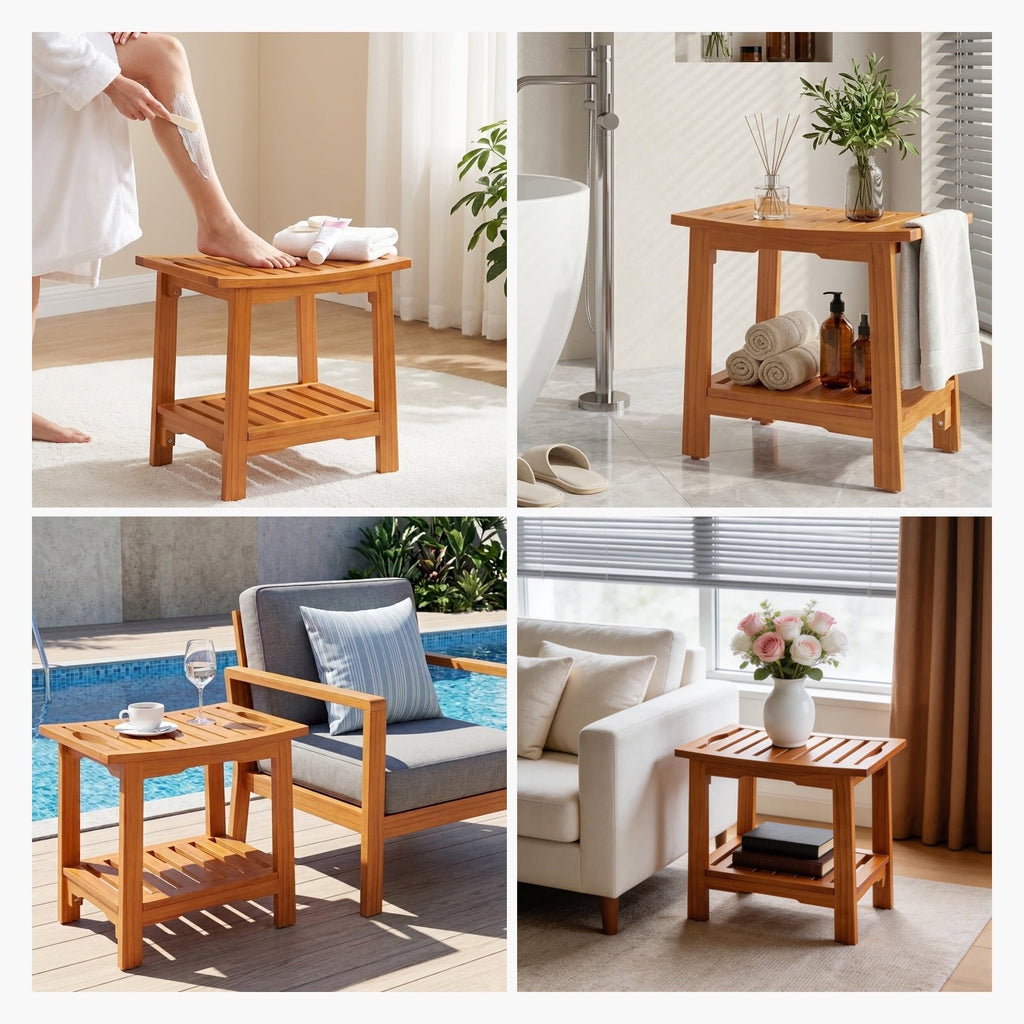 JIOABL Pine Wood Shower Bench, 250lbs Capacity, Waterproof, Non-Slip, Adjustable, for Indoor & Outdoor Use - Natural Finish