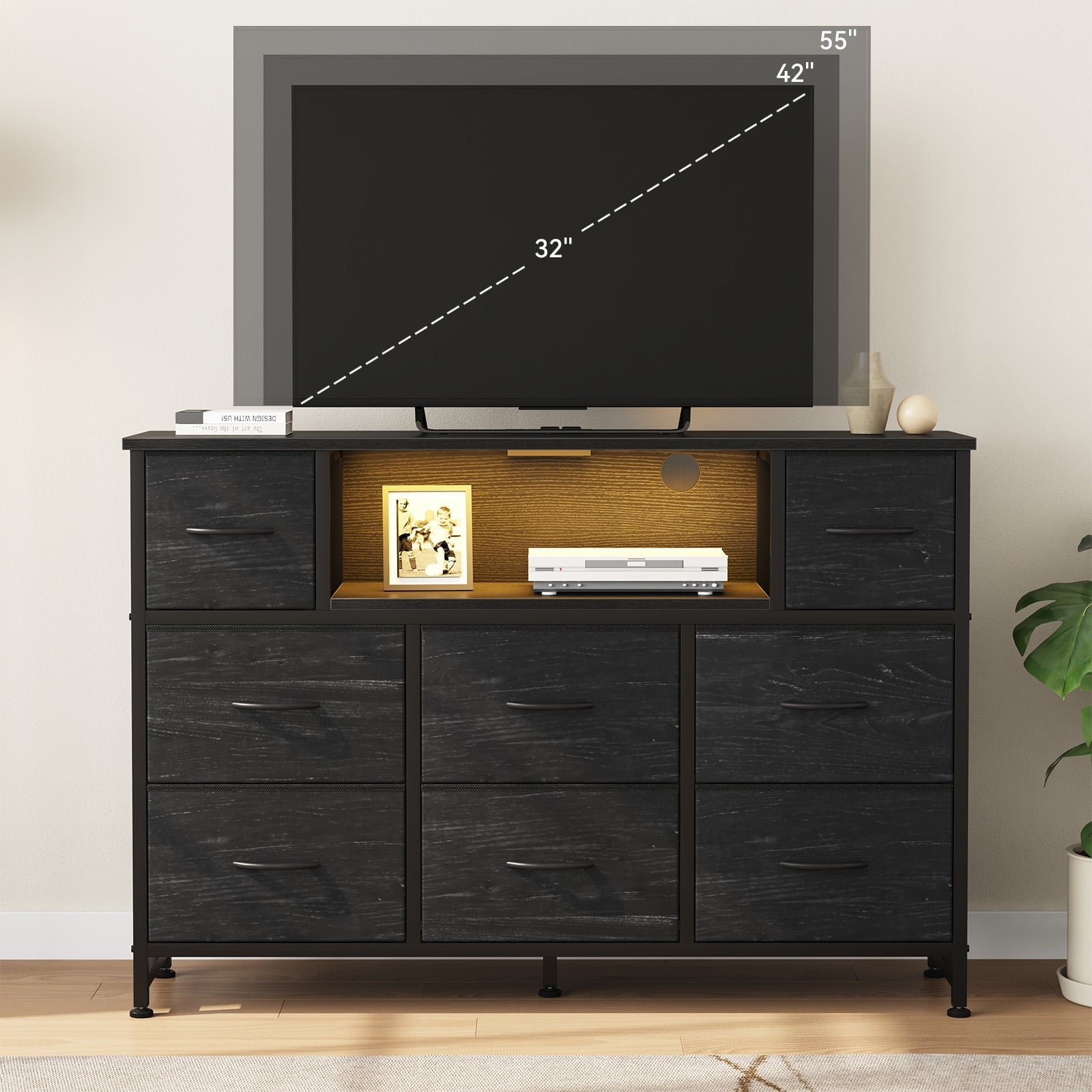 JIOABL TV Stand with  Fabric Drawers & Power Outlet, LED TV Console with USB & Type-C, Storage Dresser for Living Room