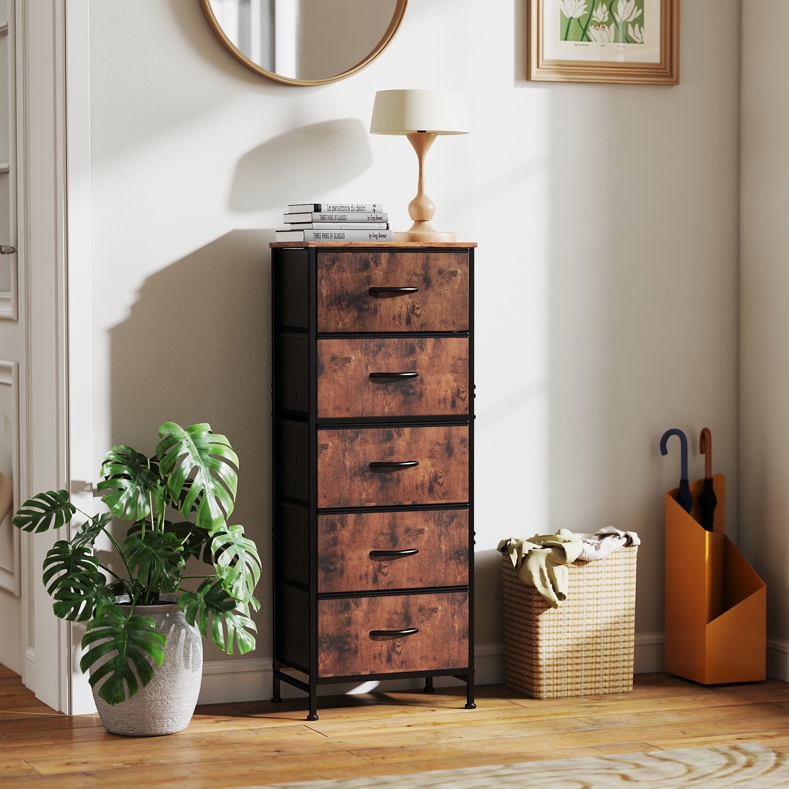 JIOABL 5-Drawer Fabric Dresser with Metal Frame and Wooden Top TV Stand - Perfect for Clothes, Living Room, Hallway, Entryway