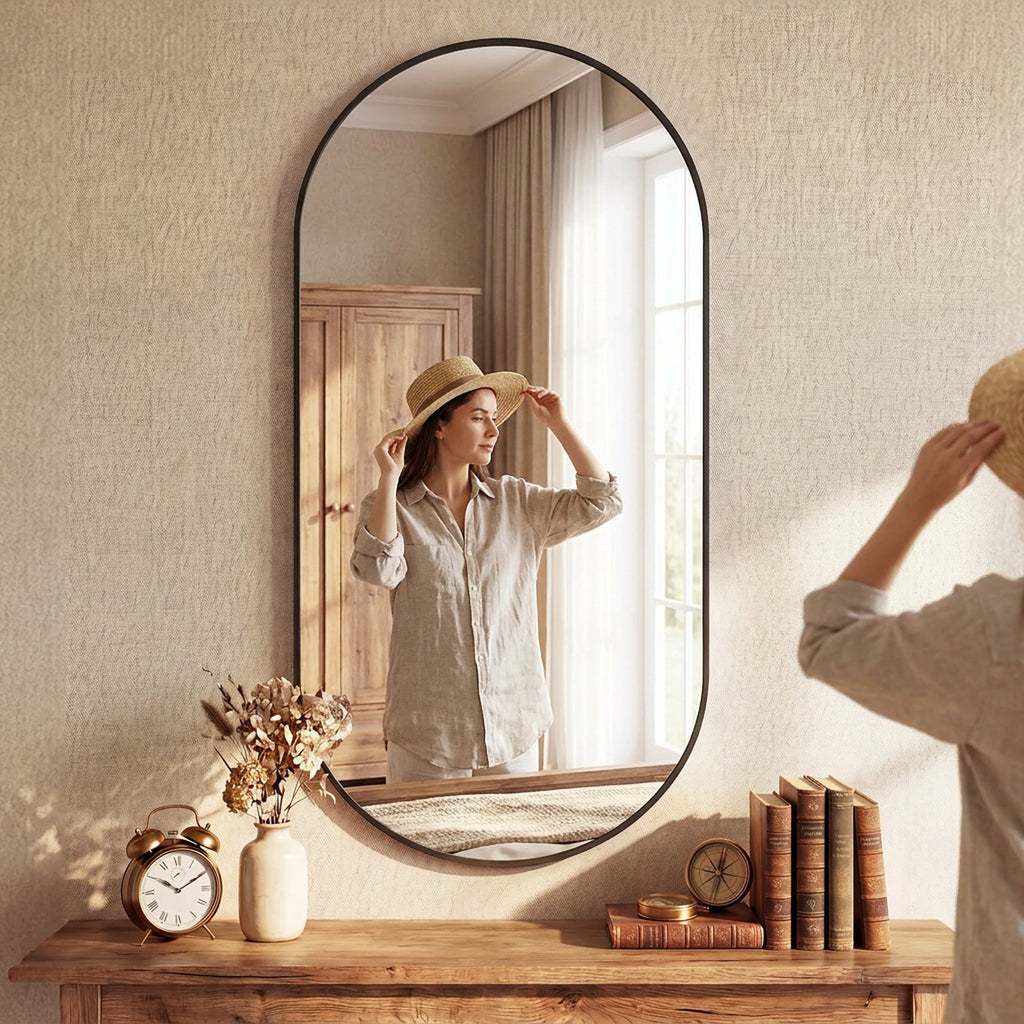 JIOABL Oval Mirror, Shatterproof Tempered Glass, Aluminum Alloy Frame for Bedroom, Hallway, Living Room