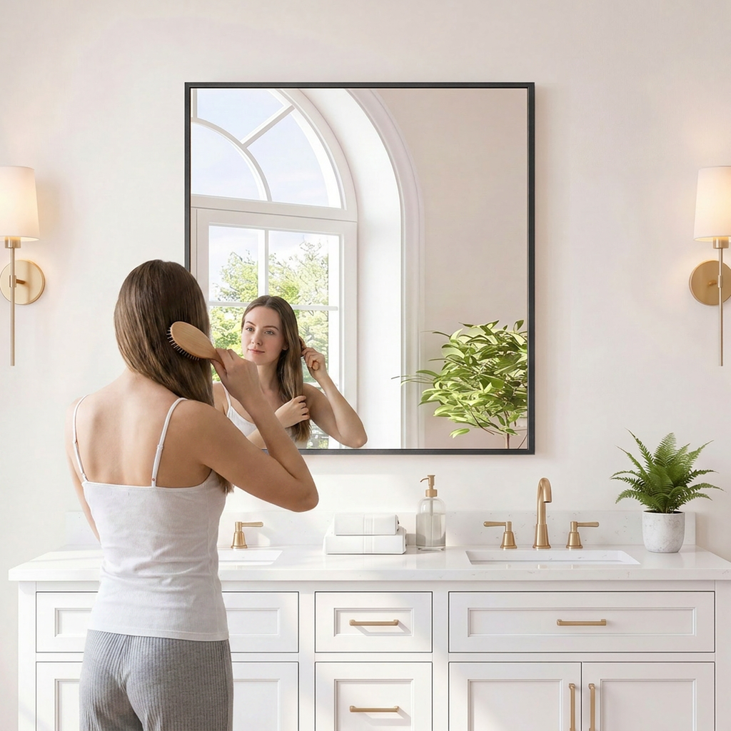 JIOABL Rectangular Shatterproof Tempered Glass Mirror, Aluminum Alloy Frame for Bedroom, Hallway, Living Room